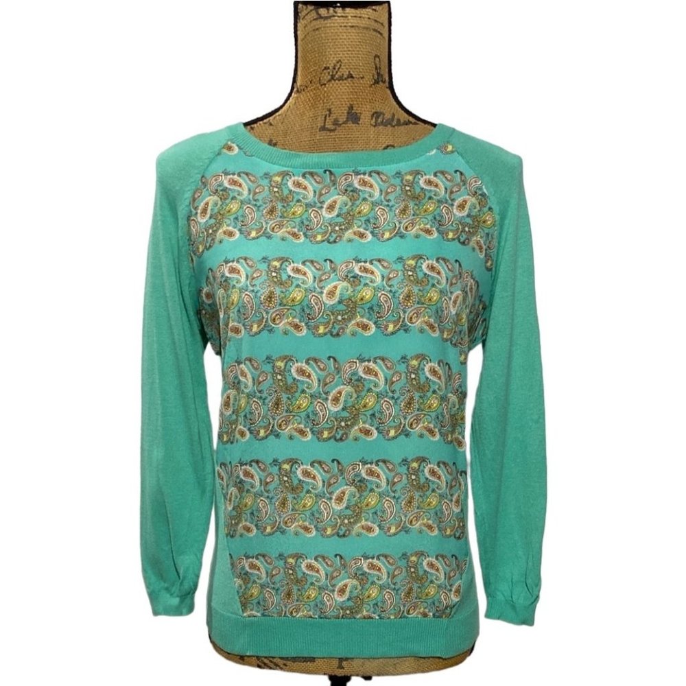 Moth S Top Anthropologie Mint Green Multicolor Paisley Front 3/4 Sl Cozy Cute